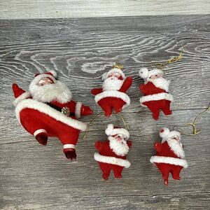 VTG 2" Dancing Santa Christmas Ornament Red Flocked Plastic Set of 4 & 4" Santa